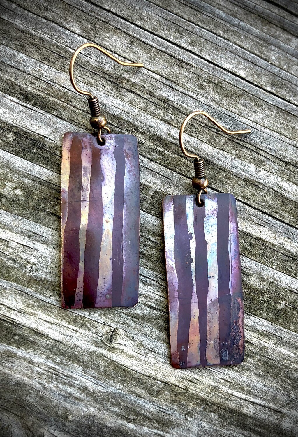 Flame painted copper, steel ear wires