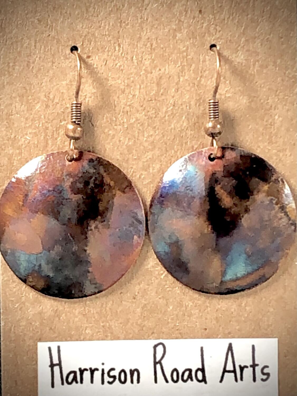 Flame Painted Copper. Steel ear wires. ~ 1 inch diameter
