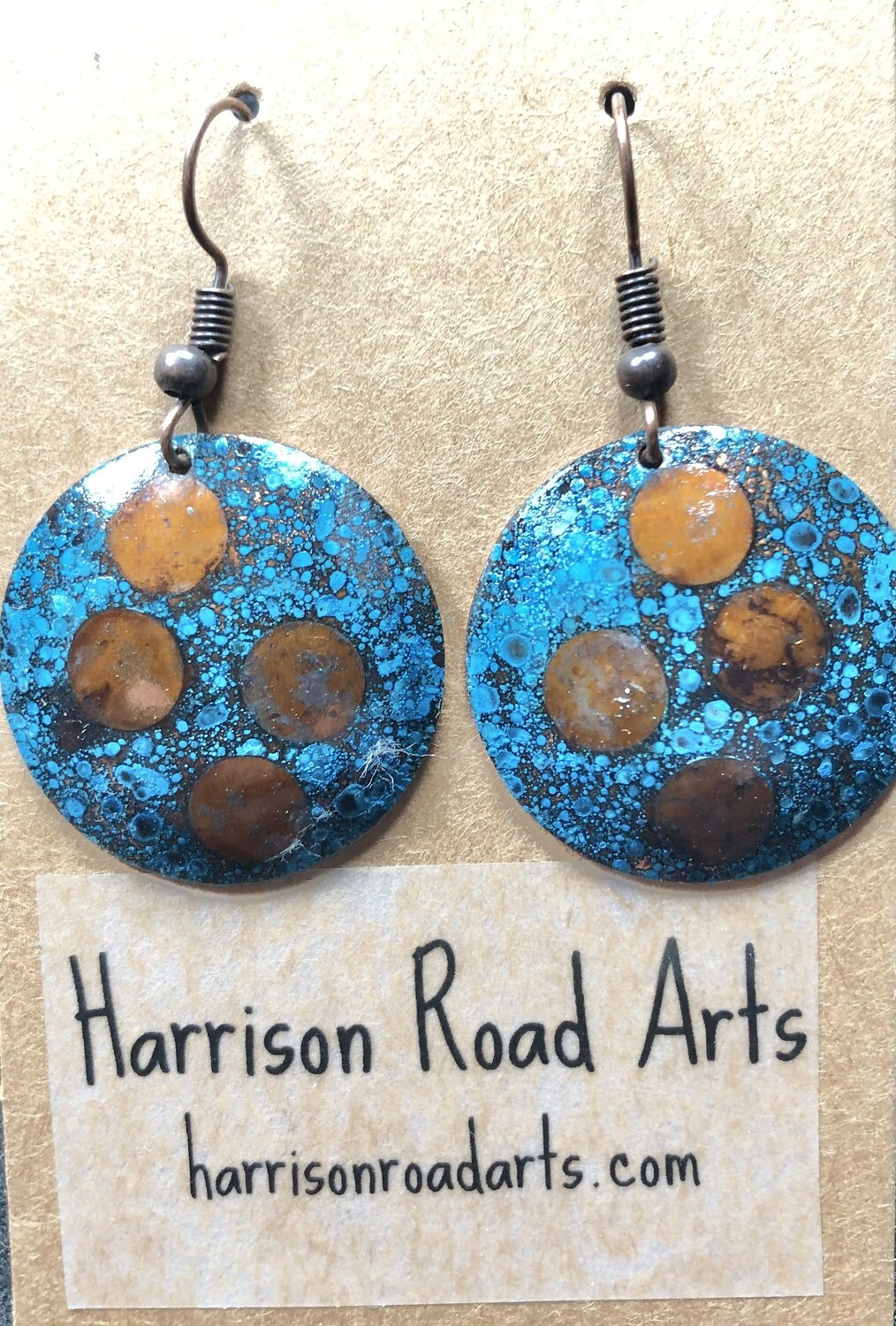Natural blue patina, copper. Steel ear wires. ~1 inch diameter