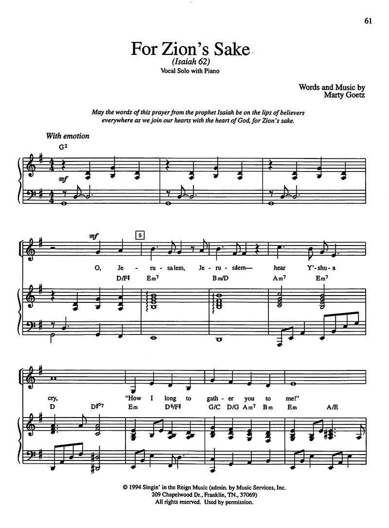 For Zion’s Sake - Digital Sheet Music Download