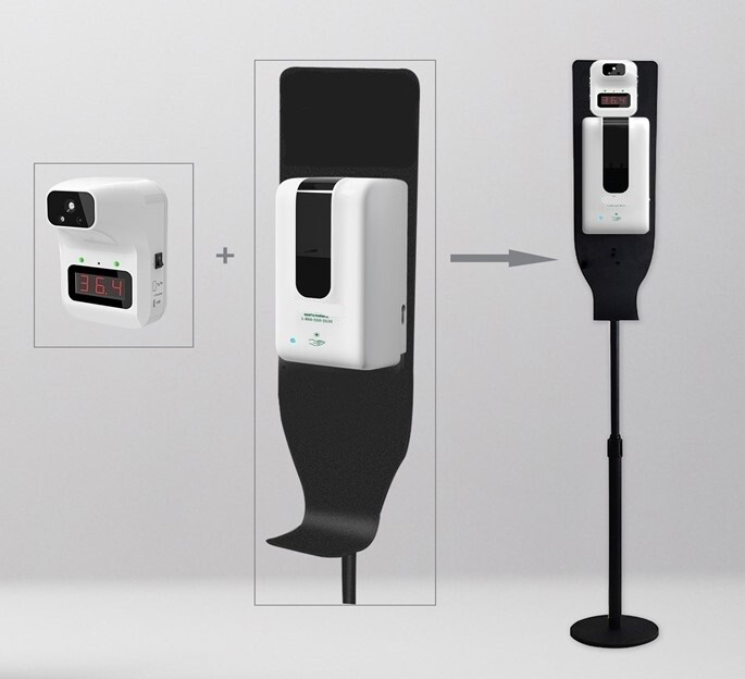 Infrared Thermometer + Sanitizer Dispenser + Stand