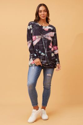 Dragonfly Diamante Top in Black