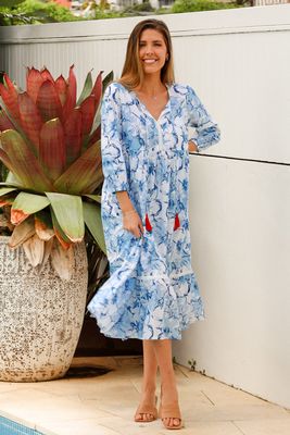 100% Indian Cotton Midi Dress Cornflower Blue