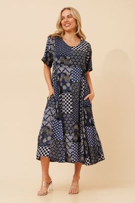 Patchwork Print Navy and White Midi Dress
