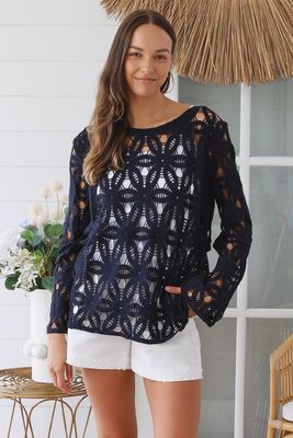 Navy Crochet Cotton Jumper