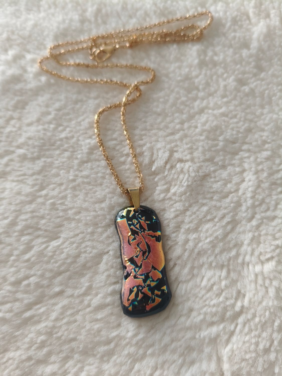Iridescent Flash Glass Pendant/Gold Tone Chain