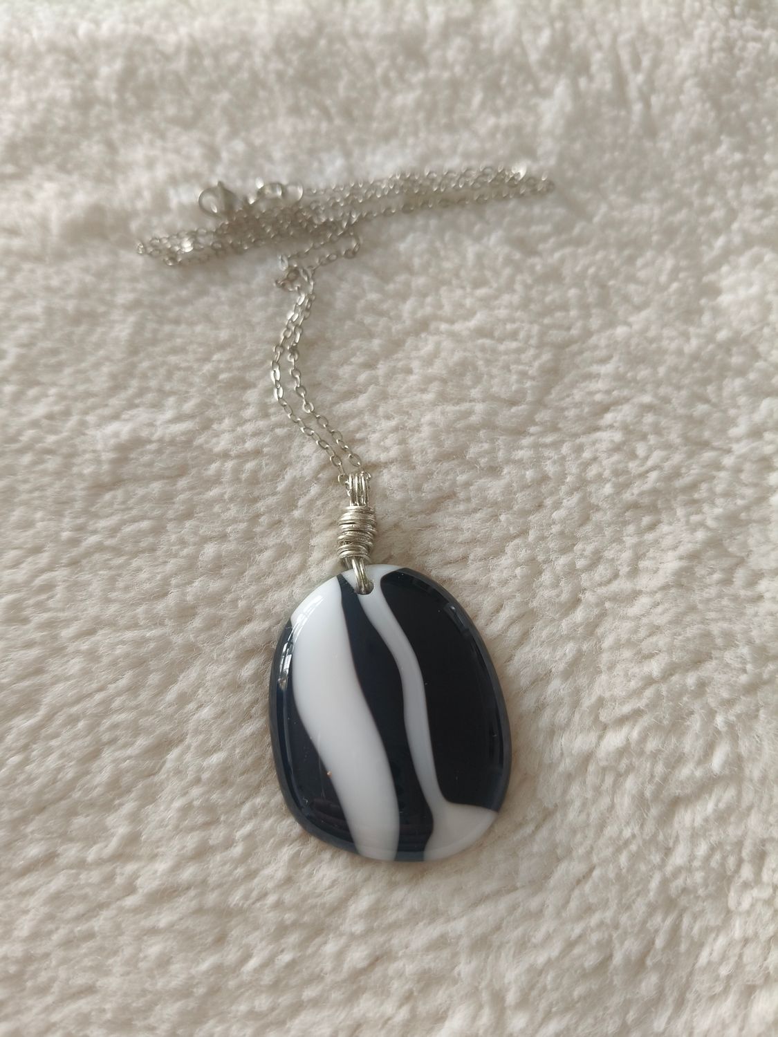 Zebra Striped Glass Pendant Stainless Steel Chain