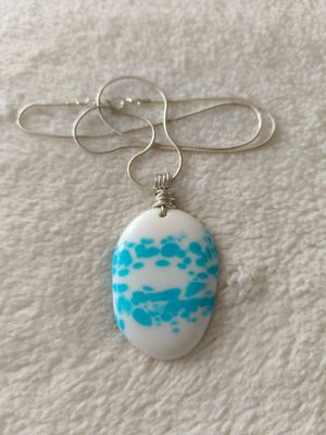Blue and White Glass Wrapped on Silver Tone Chain