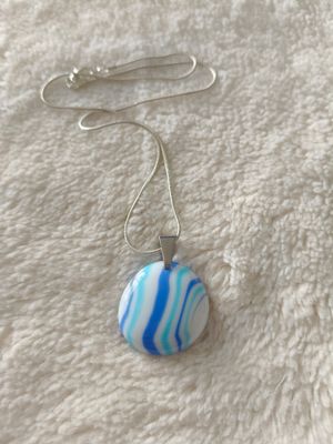 Blue Candy Swirl Glass Pendant/Silver Tone Snake Chain