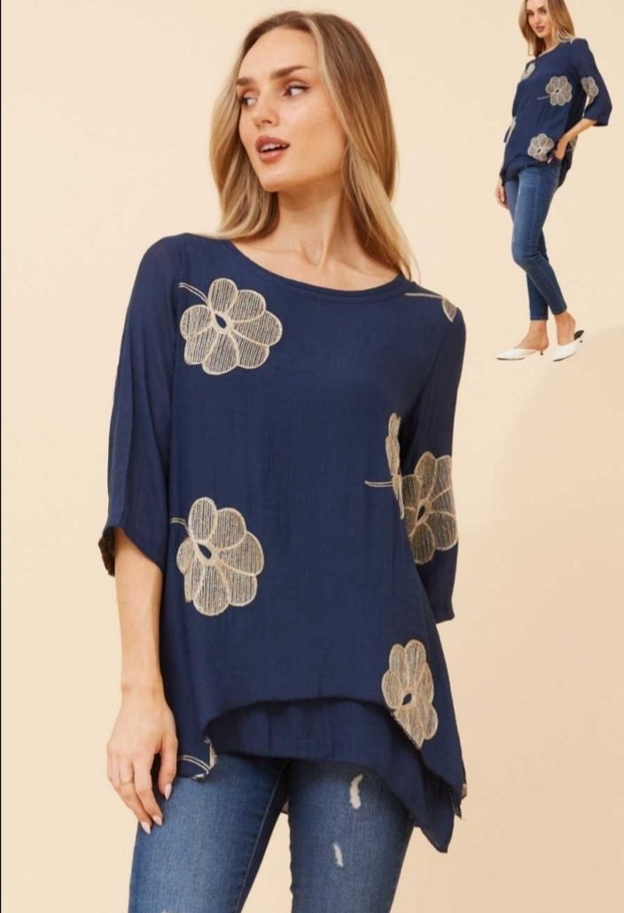 Navy Layered Top with Embroidered Flowers Viscose/Polyester 