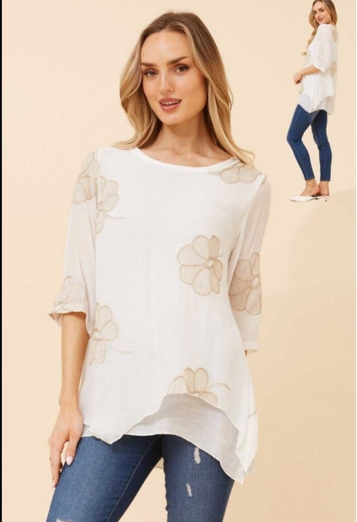 White Layered Top with Embroidered Flowers - Viscose/Polyester 