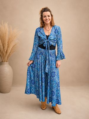 Silk Blend Wide Leg Pants Blue