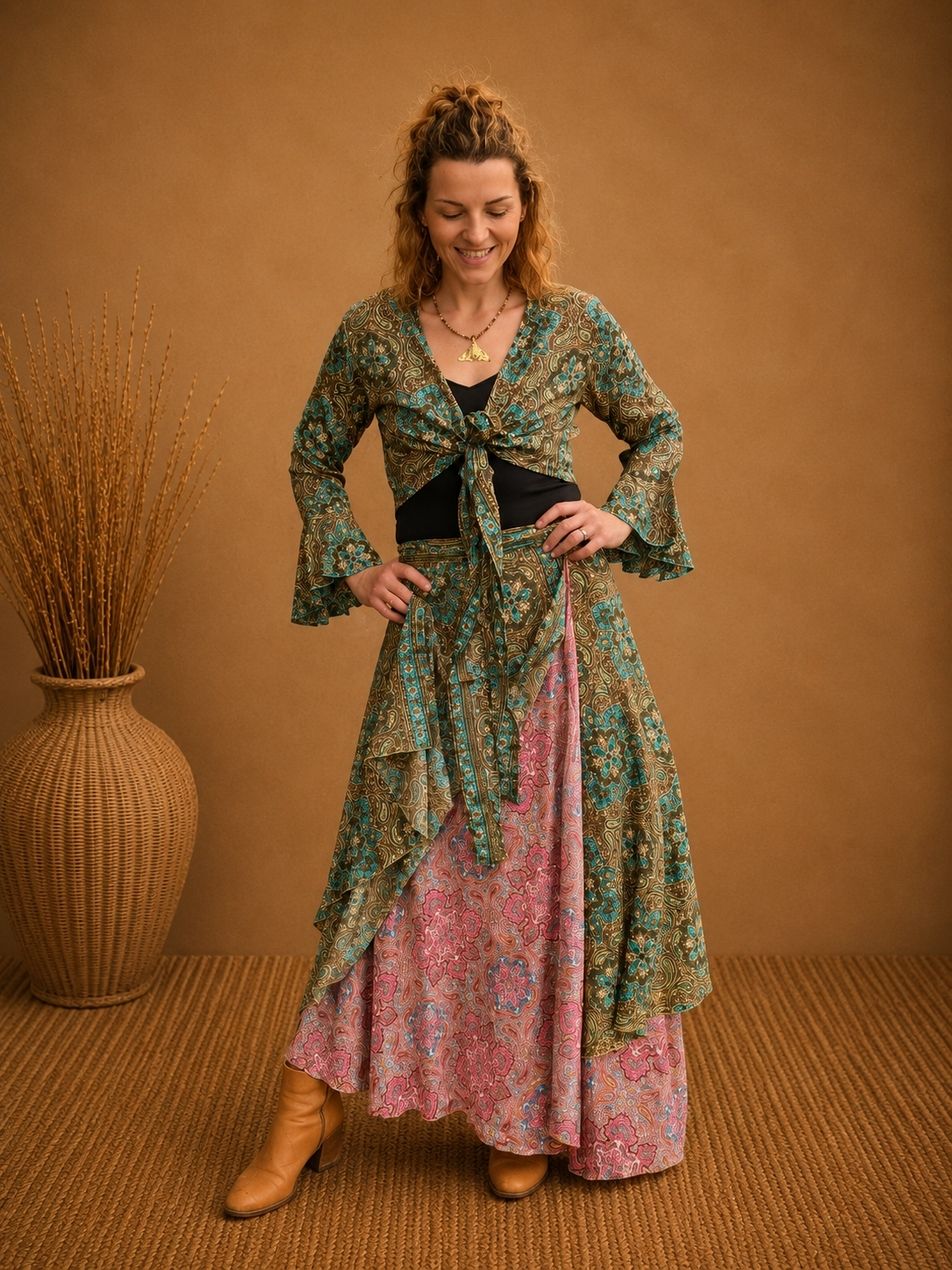 Silk Blend Wrap Skirt Green