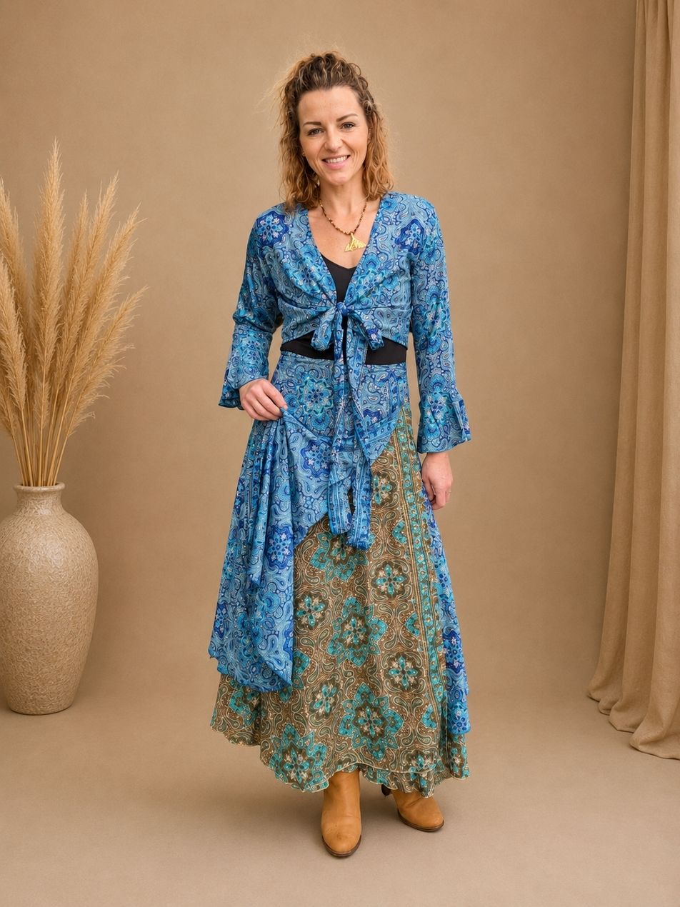 Silk Blend Wrap Skirt Blue