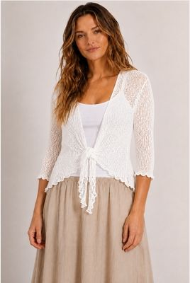 JoJo Tie Front Stretch Cardy - White Rayon