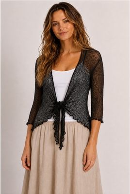 JoJo Tie Front Stretch Cardy - Black Rayon