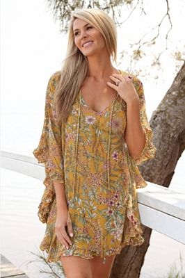 Floaty Boho Tunic Top Mustard Floral - Rayon