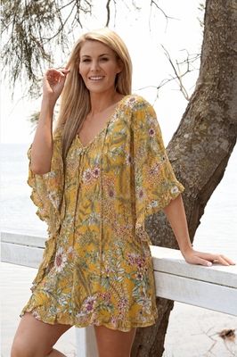 Floaty Boho Tunic Top Mustard Floral - Rayon