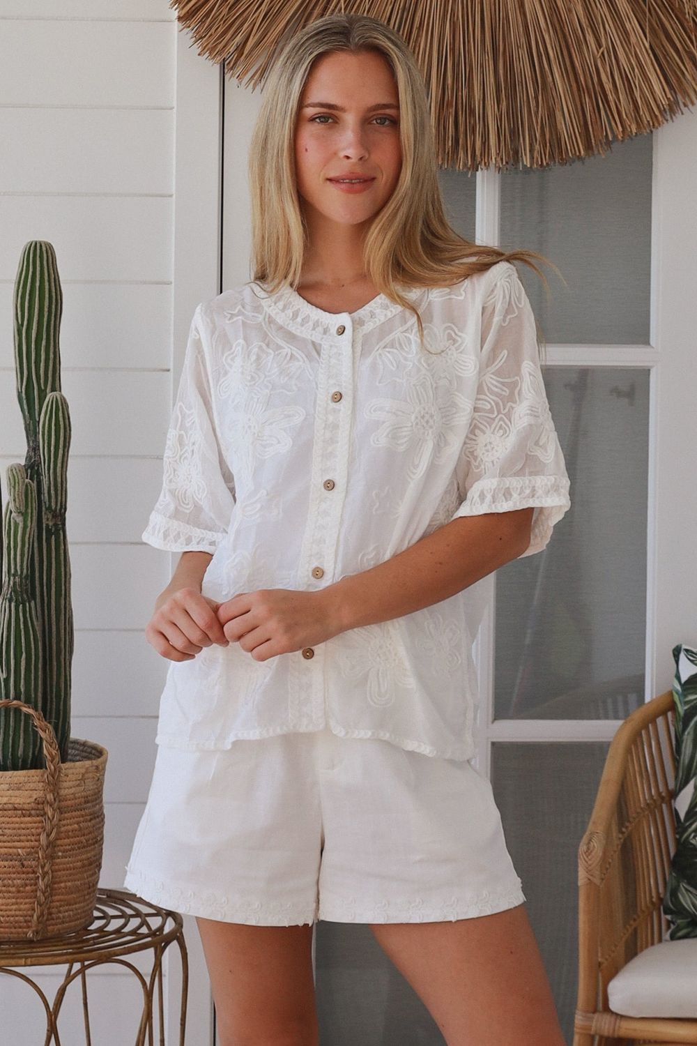 White Cotton Embroidered Button Up Top