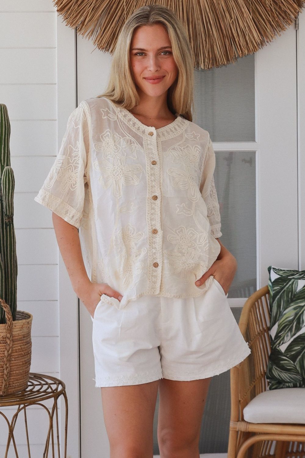 Cream Cotton Embroidered Button Up Top