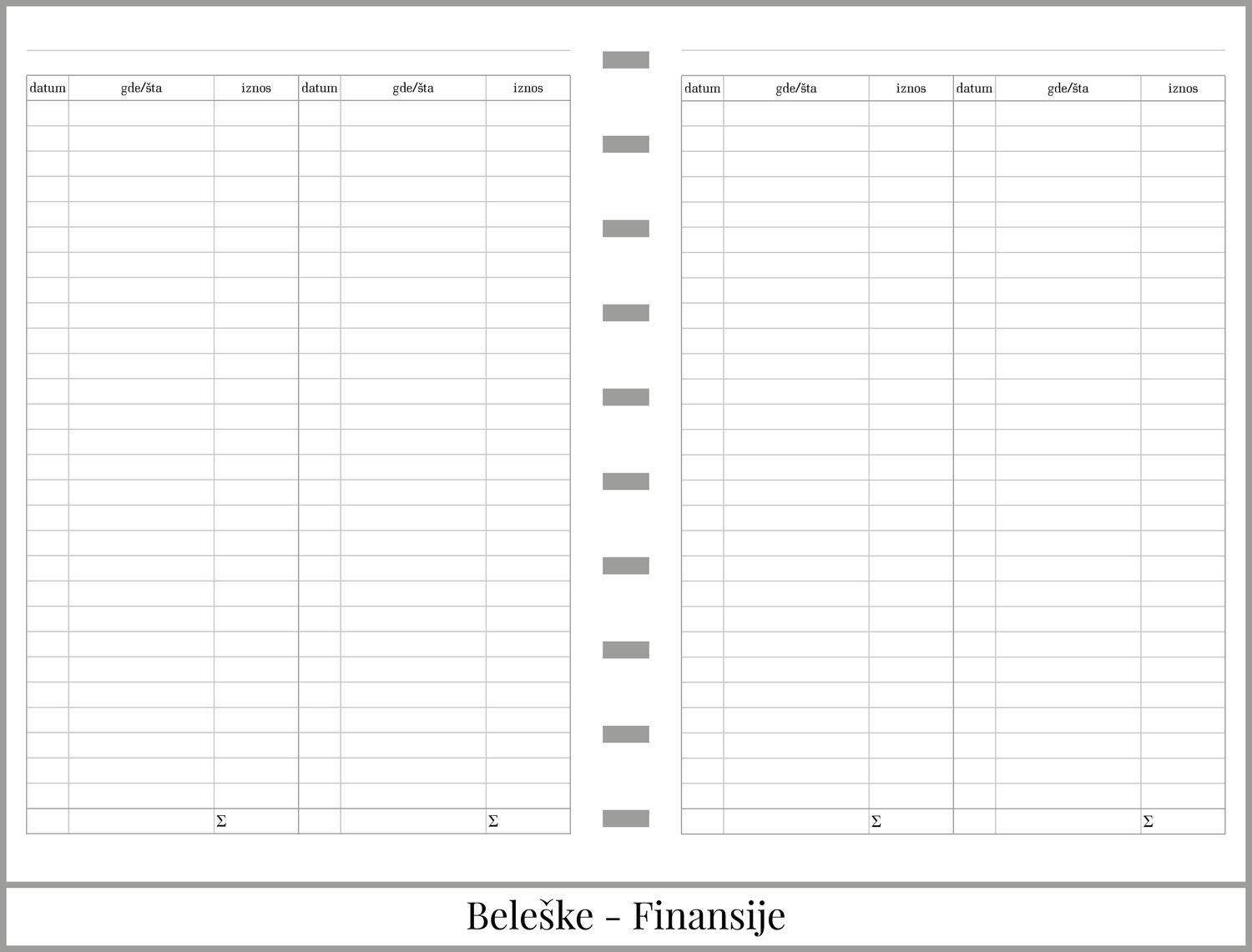Standardni planer sa delom za beleške