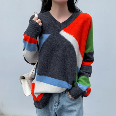 Colorblock V-neck  Knit Sweater