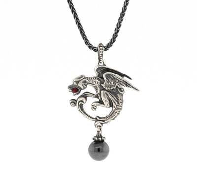 White Sterling Dragon Pendant with Ruby and Hematite
