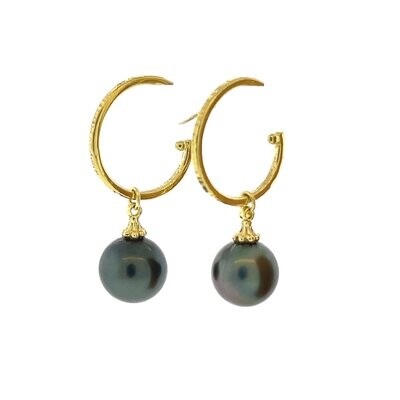 Hand Hammered 18k Hoops with Removable Tahitian Pearls