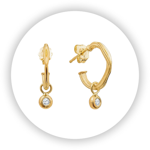 Organic Shape Mini Twig Hoop Earrings with Diamond Charms