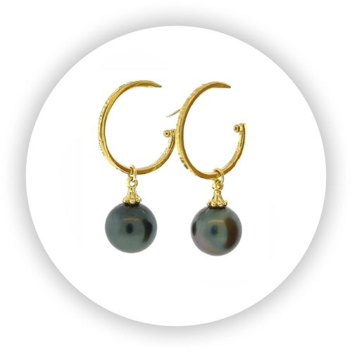 Hand Hammered 18k Hoops with Removable Tahitian Pearls