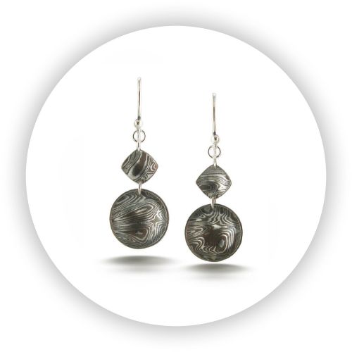 Mokume Gane Dangle Earrings Geometric Window Panes