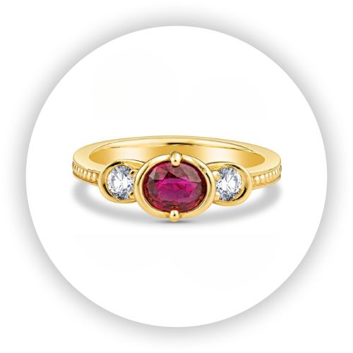 Ruby and Diamond Petalo Three Stone Ring