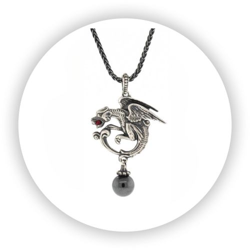 White Sterling Dragon Pendant with Ruby and Hematite