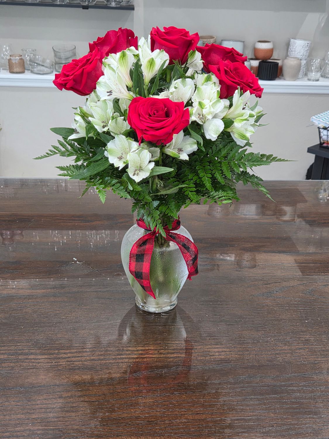 1/2 dozen Red Rose Arrangement with Babys Breath and greenery 