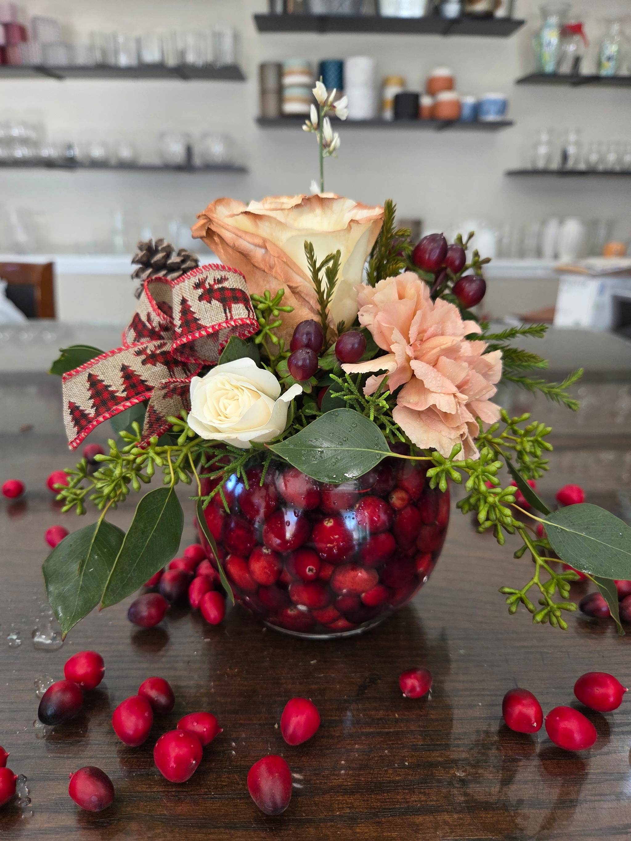 Cranberry and Pine Arrangement