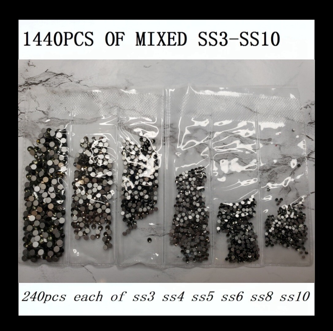 SS3-SS10 Black Diamond glass rhinestones mix size