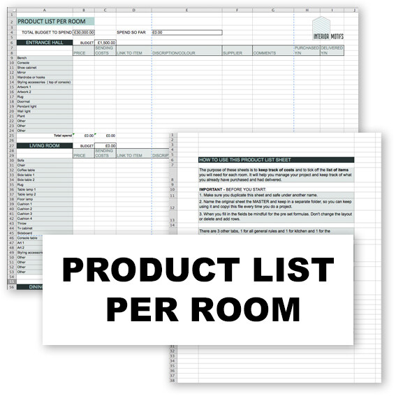 PRODUCT LIST PER ROOM EXCELL