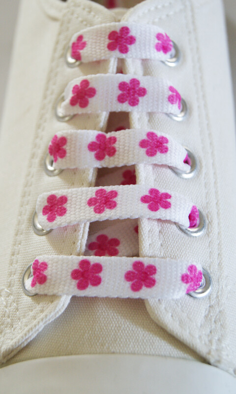 White shoelaces with fuchsia pink flower print