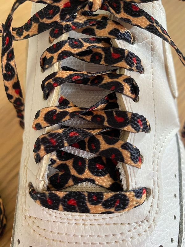 Camel and red leopard shoelaces