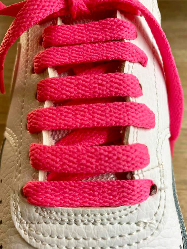 Neon pink flat shoelaces for shoes and sneakers made from recycled materials
