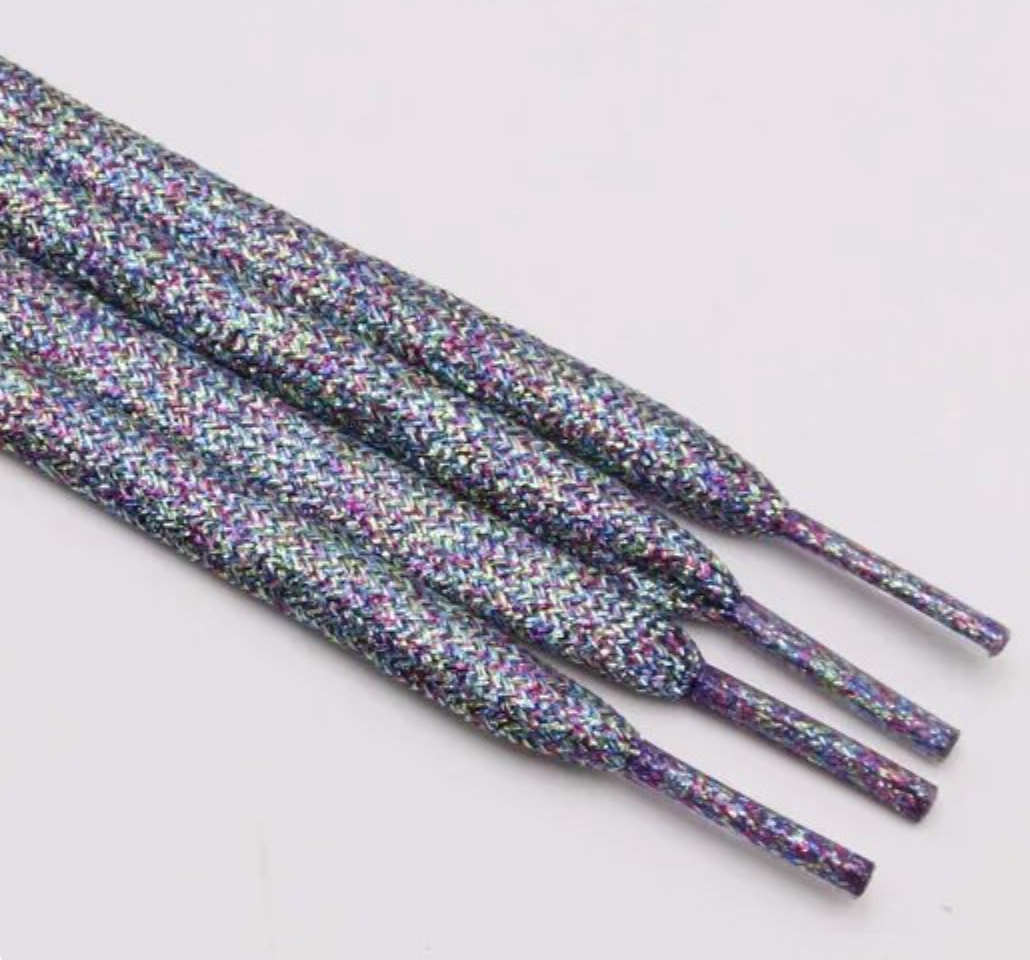 Fine flat silver multicolored purple glitter shoelaces
