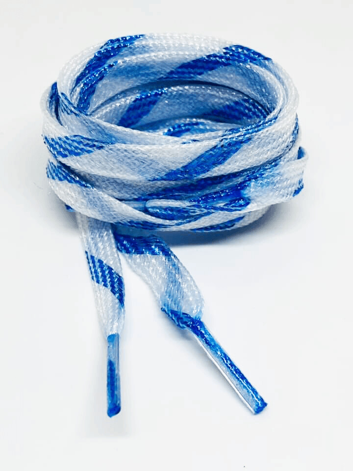 Lacets plats fins paillettes bicolore blanc et bleu roi