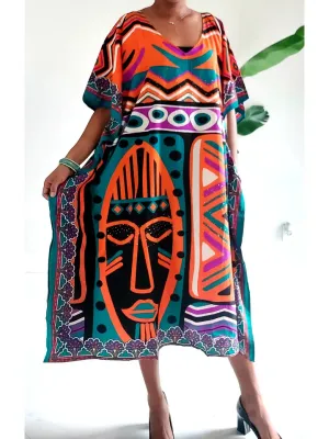 Afro Print Middi Kaftan Dress - Orange
