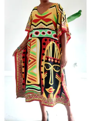 Afro Print Middi Kaftan Dress - Yellow