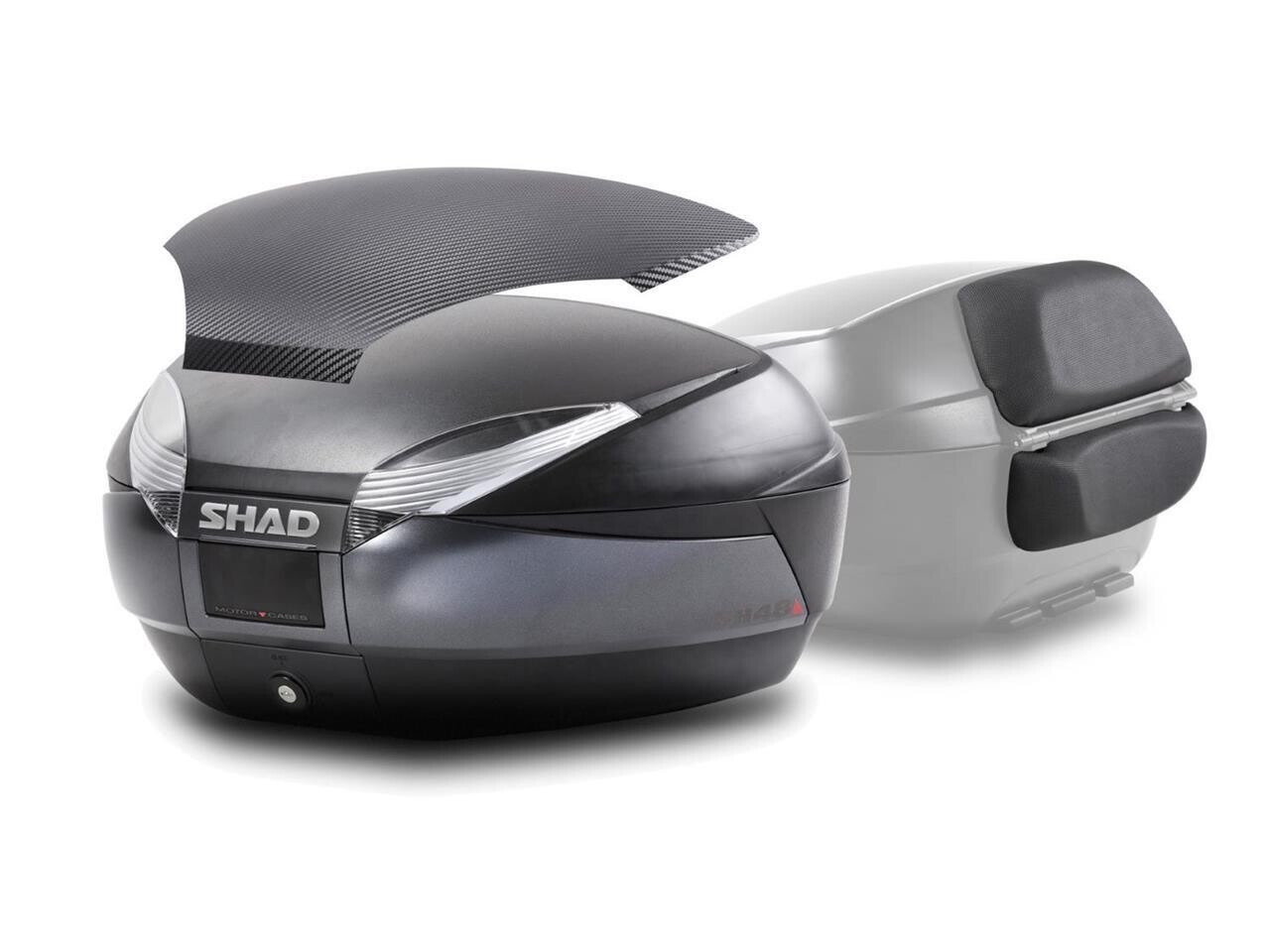 Baúl SHAD SH48 Gris Tapa CARBONO + DOBLE Respaldo