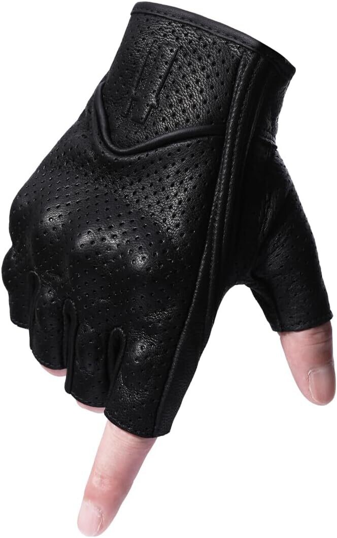 Harssidanzar Guantes de Motocicleta de Cuero de Piel de Cabra sin Dedos, perforados