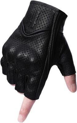 Harssidanzar Guantes de Motocicleta de Cuero de Piel de Cabra sin Dedos, perforados