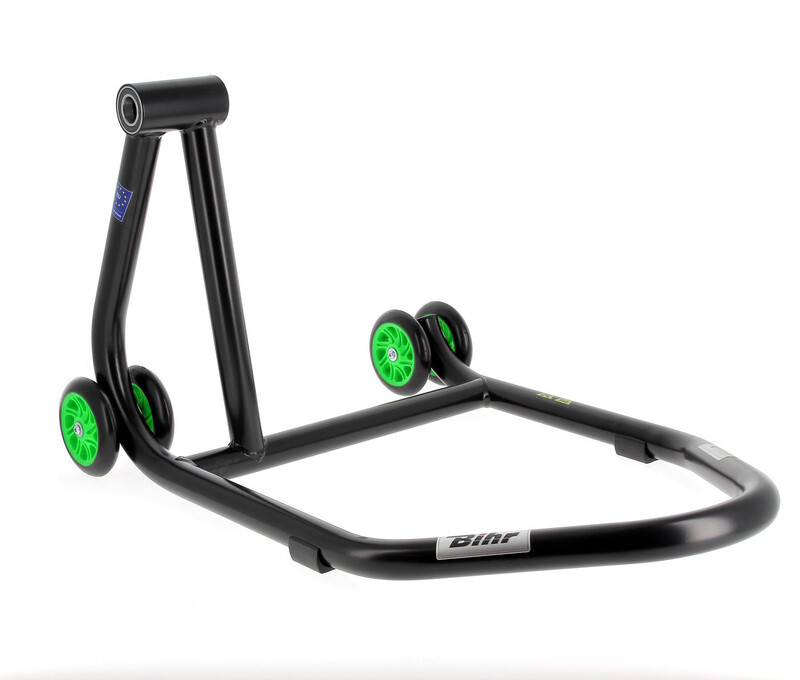 Caballete monobrazo izquierdo BIHR Home Track color negro mate y ruedas verdes