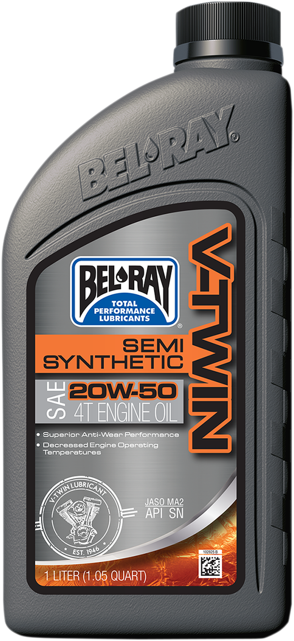 Aceite motor 4T semi-sintético V-Twin BEL-RAY
OIL VTWIN SEMI 20W50 1L