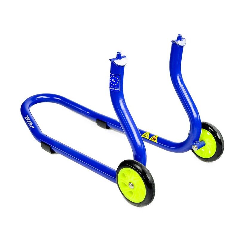 Caballete delantero para horquillas perforadas. Color azul y ruedas amarillas.